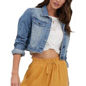 Brand New Women's Acid Blue Washed Cotton Fitted Cropped Denim Jacket Casual